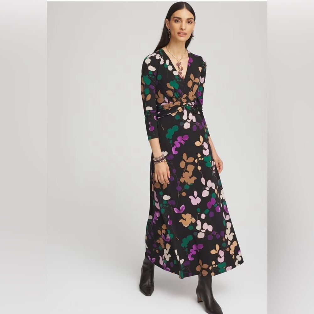 Chico’s V-Neck 3/4 Sleeve Floral Maxi Dress Size 3 US 16 Multicolor